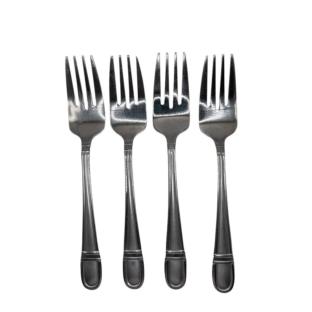 4 Oneida Colonnade stainless steel Salad forks glossy with frosted handle 7 1/8”